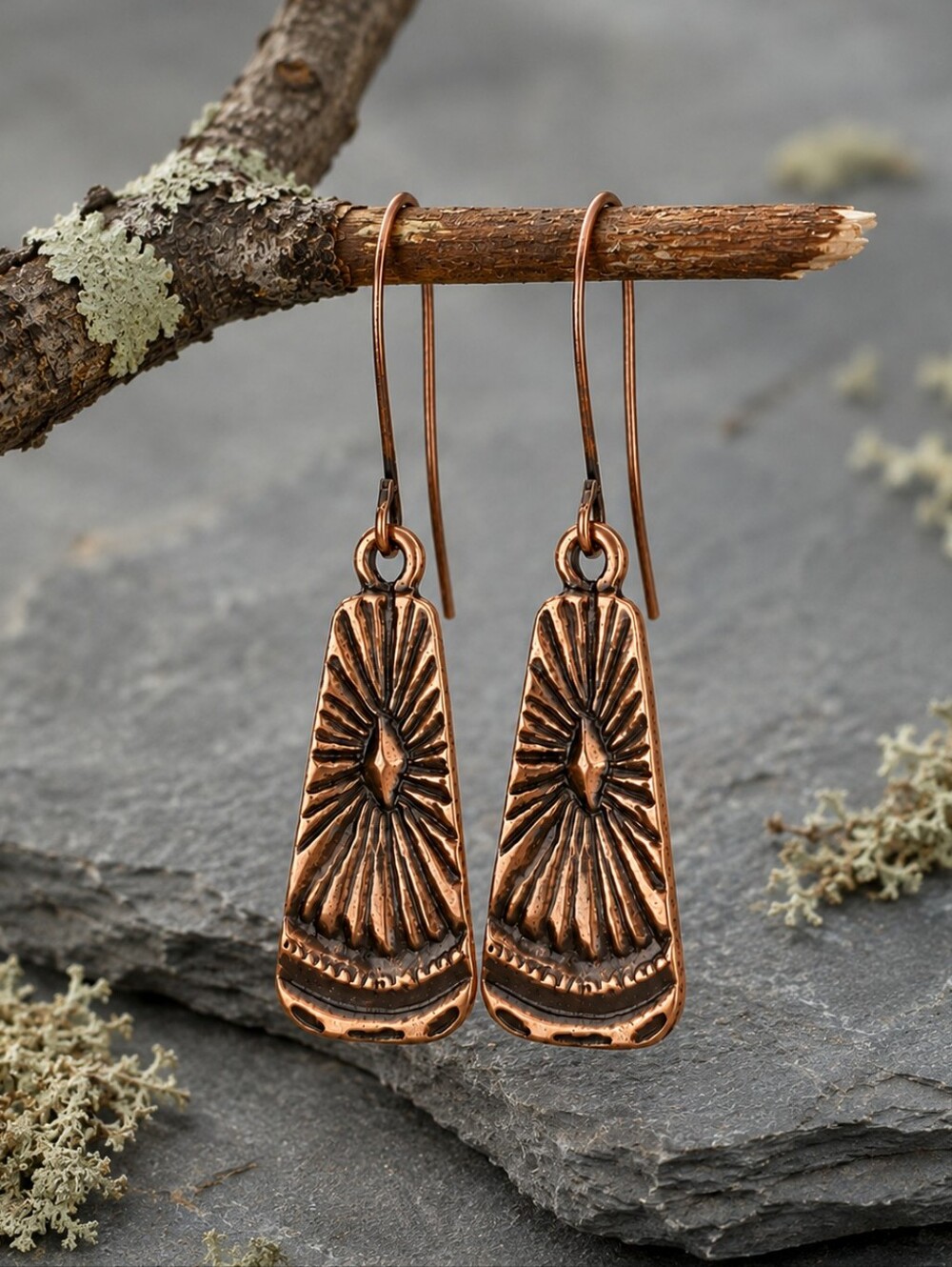 Copper Sunburst Dangle Earrings Rustic Artisan Boho Jewelry Hand Crafted
